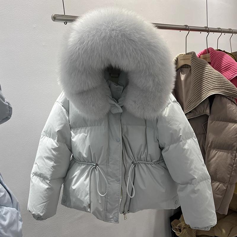 Winter-Daunenjacke mit großem Pelzkragen aus Baumwolle für Damen, lockerer, dicker, warmer Schneeparka aus Stroh