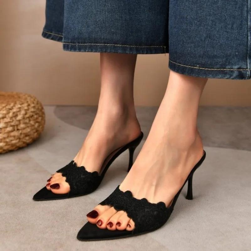 Fashion New Summer Women's High Heel Sandals Lace Embroidery Pointed Open Toe Stiletto High Heel Sandals Party Slippers Plus Size 42