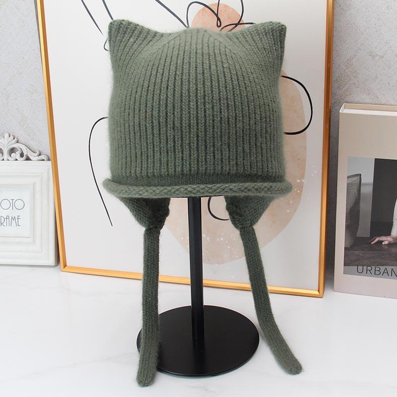 Cute cat ear knitted ear hat, women's autumn and winter warm wool hat, lace-up cold hat, cold-proof pullover hat