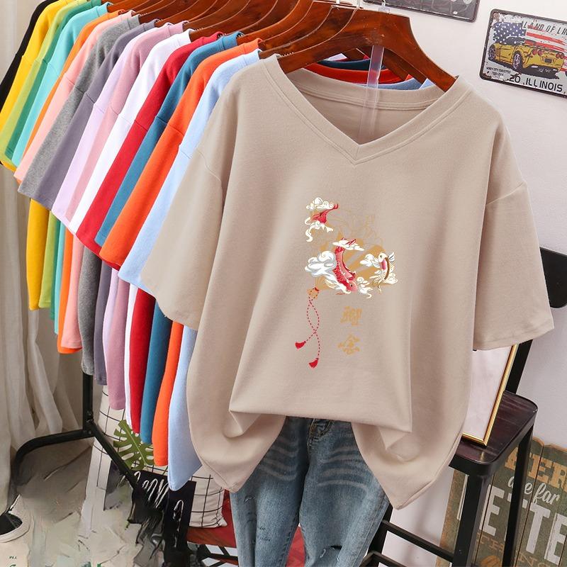 Kurzärmeliges T-Shirt, Locker sitzend, Schlankmachendes bedrucktes V-Ausschnitt-Top für Damen