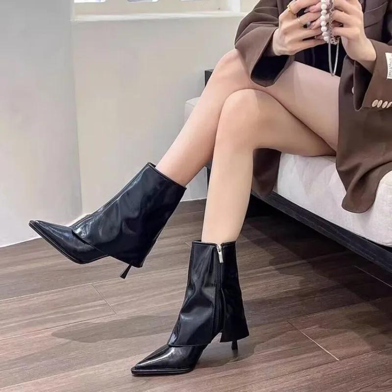 Fashion Ankle Boots Women Black Beige Brown Microfiber Leather Women Short Boots Pointed Toe Stiletto High Heel Winter Ladies Boots