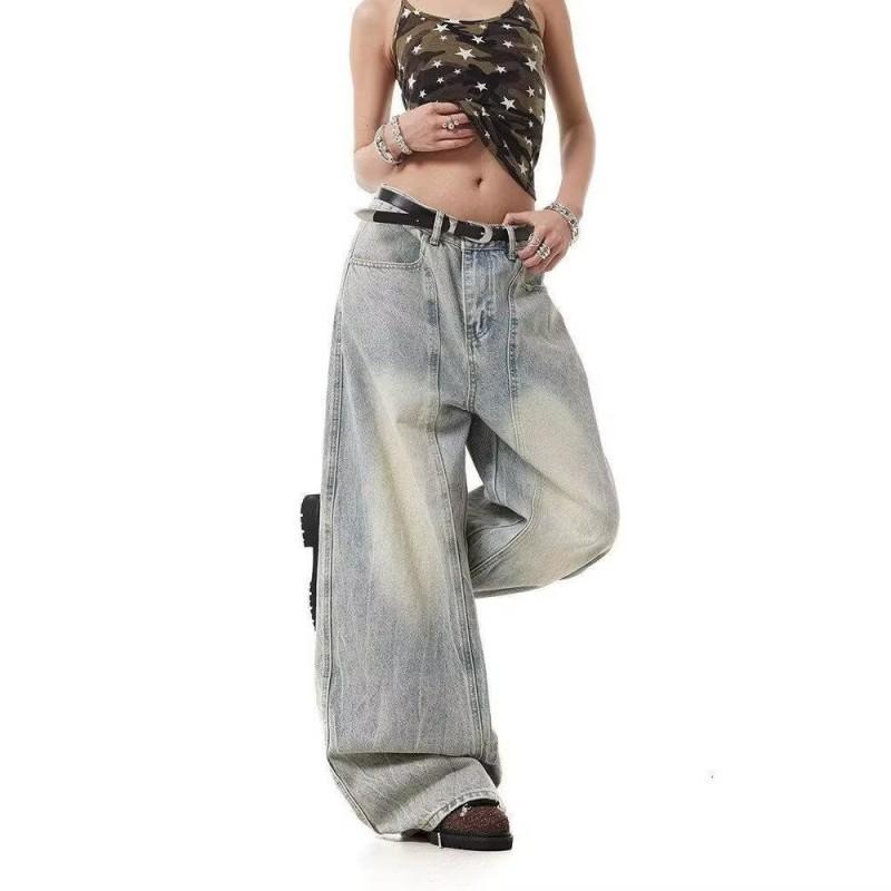 Retro Washed Deconstructed Denim Pants Unisex Wide Leg Relaxed Fit Straight Cut
