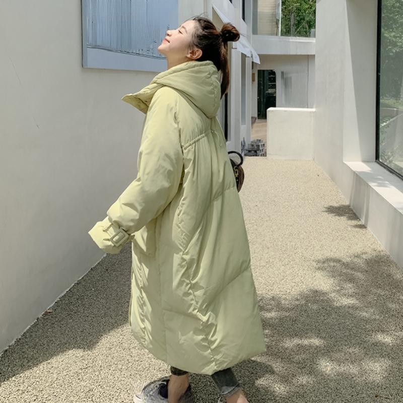 Grüne Daunenjacke für Damen mit Kapuze, lange Baumwolle, Kleidung für den Winter, neue koreanische Mode, lose Übergröße, warm, verdickt, winddicht, Mantel, Tops