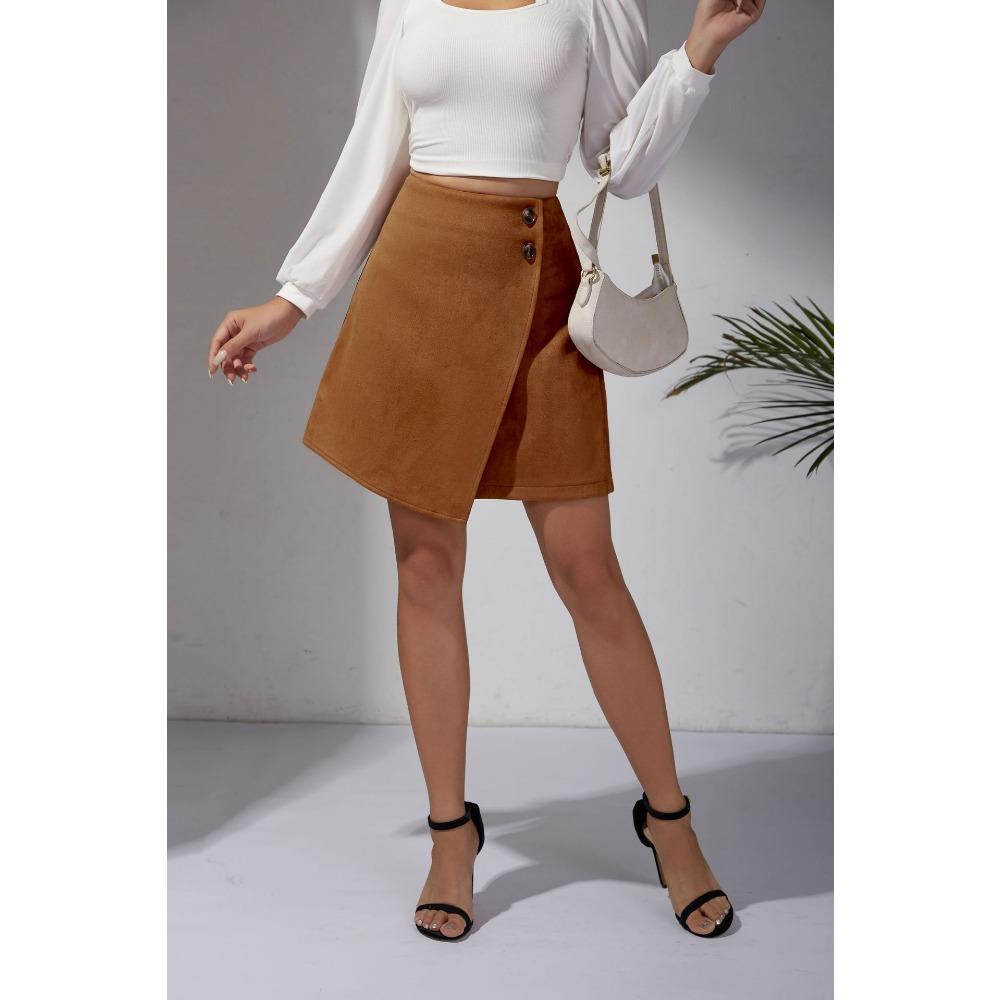 Dámská podzimní a zimní semišová nepravidelná sukně evropská a americká jednobarevná sukně s vysokým pasem na zip a knoflík dámská