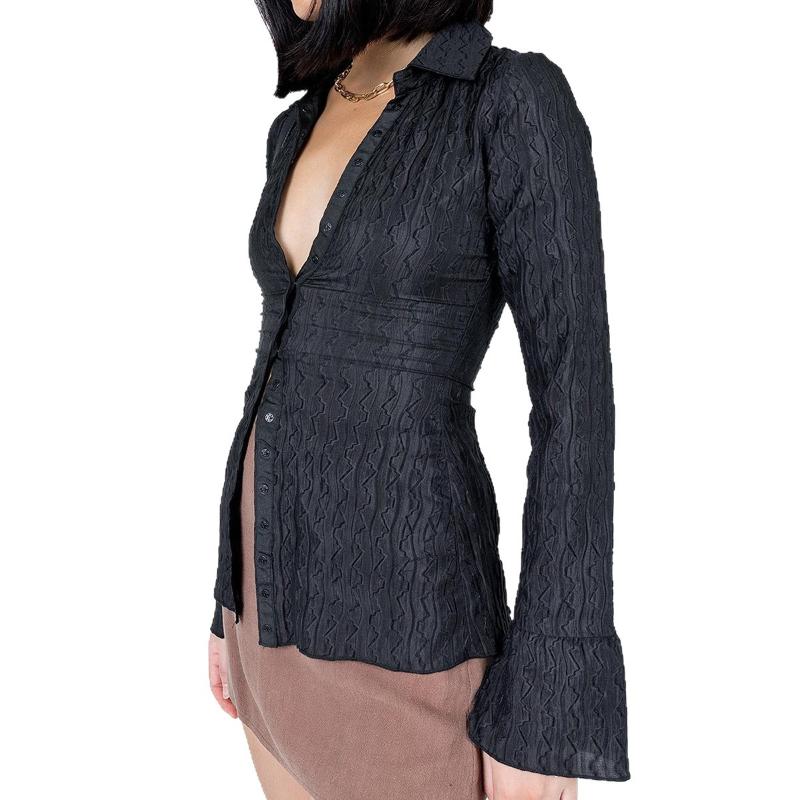 Women's Black Textured Long-Sleeve Shirt Flared Cuff Slim Fit Office Casual Blouse