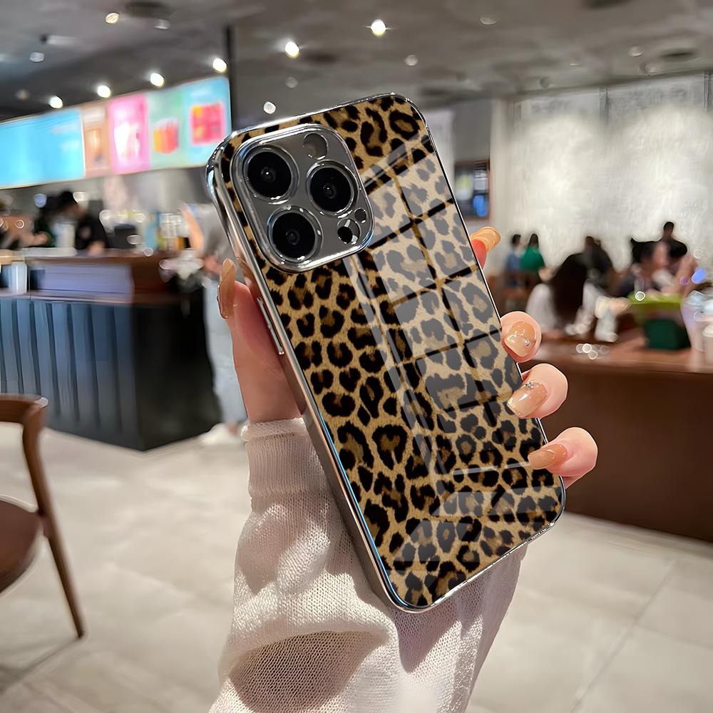 Luxurious Leopard Print Phone Case For IPhone 17 Pro Max 15 Pro 16 14 Plus 12 13 Mini 11 Pro Shockproof Electroplated Glass Cov