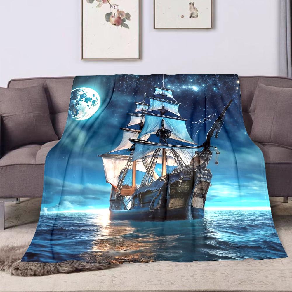 Sailing Ship Under Moonlit Sky Patterned Flannel Blanket Perfect for the Bedroom Living Room, Sofa, or a Little Nap