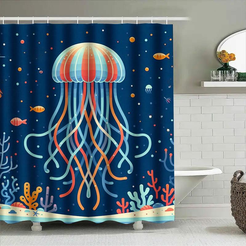 Bright Jellyfish Shower Curtain Ocean Blue Decorative Fabric Waterproof Bath Mat Liner Home Decoration For Kids Bathr