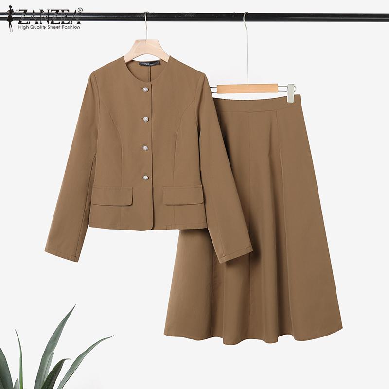 ZANZEA Women Long Sleeve Blouse and Skirts Casual Two Piece Suit Sets