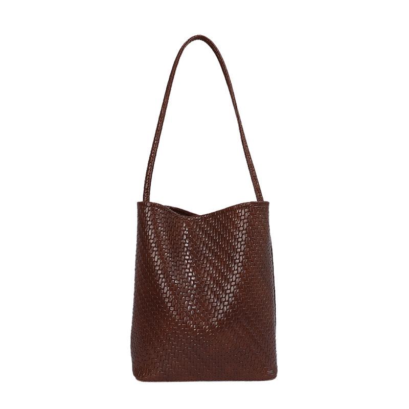 2026 Summer Korean Minimalist Woven Texture Bucket Bag - Large Capacity, Solid Color, Single Shoulder & Handheld