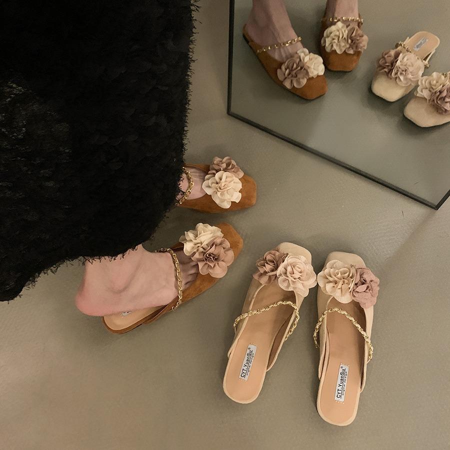 Flat Bottom New Chinese Style Flat Bottom Bag Head Half Support Shoes Women's Shoes Wear 2025 New Internet Celebrity Explosion Temperament Small Sand