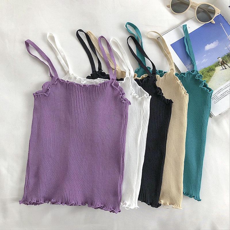 2026 Women s Korean Ruffled Trim Slim Knit Camisole Top One Size чёрный