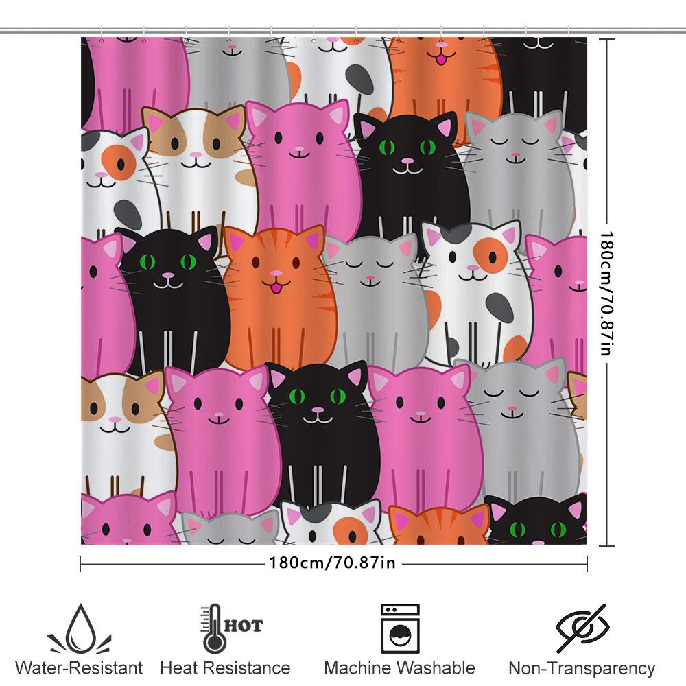 Whimsical Cat Shower Curtain Set Black Pink Orange White Colorful Cartoon Cat Print Bathroom Decor Hanging Shower Curtains Water