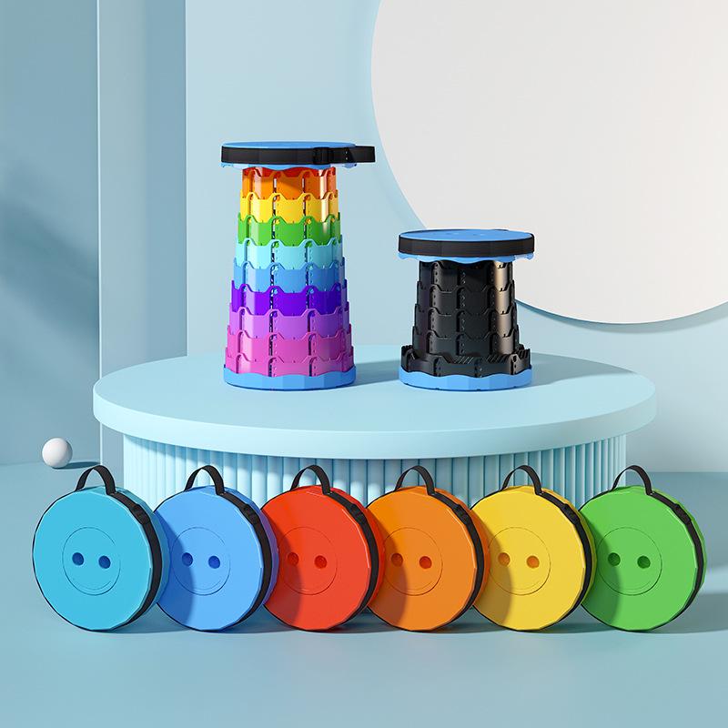 Rainbow Retractable Portable Camping Stool - Round, Plastic Folding Design.
