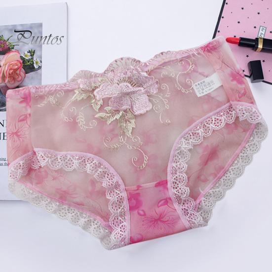 Underpants Women Panties Rose Embroidery Flower Print Mid Waist Stretch Briefs See-through Lace Sexy Ladies Underwear Daily Wear