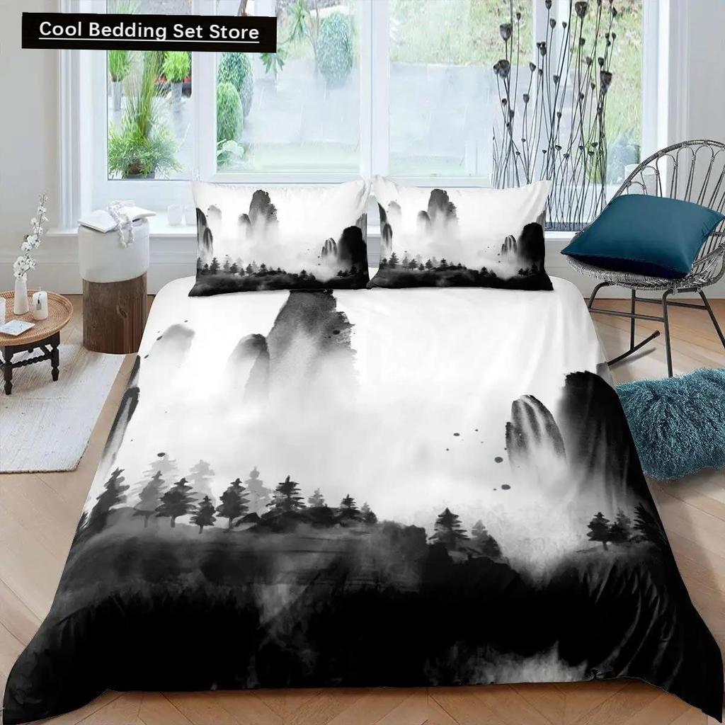 Dumanlı Dağ Nevresim Takımı Çam Ağaçları Yorgan Kılıfı Erkek Çocuk Manzara Yorgan Kılıfı Doğal Manzara Sanat Polyester Yatak Takımı