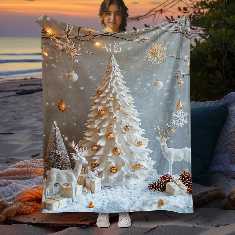 1pc White Christmas Print Blanket - Lightweight Flannel Blanket for Sofa, Bed, Travel, Living Room, Office, Sofa, Chair & Bed -