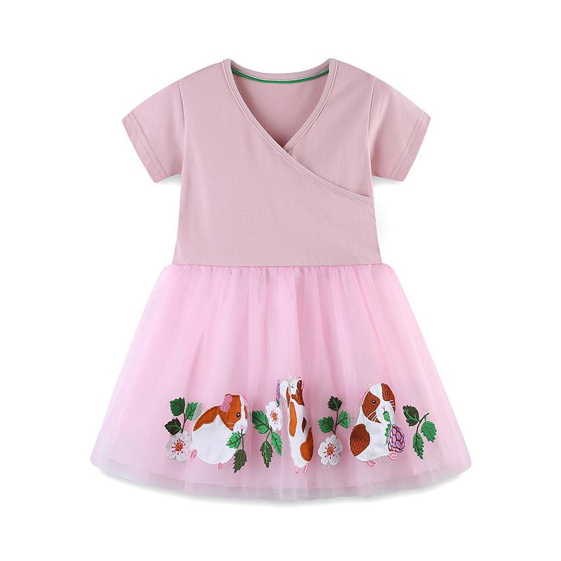 Girls Summer Cartoon Embroidery V-neck Princess Dress - European & American Style 3Y