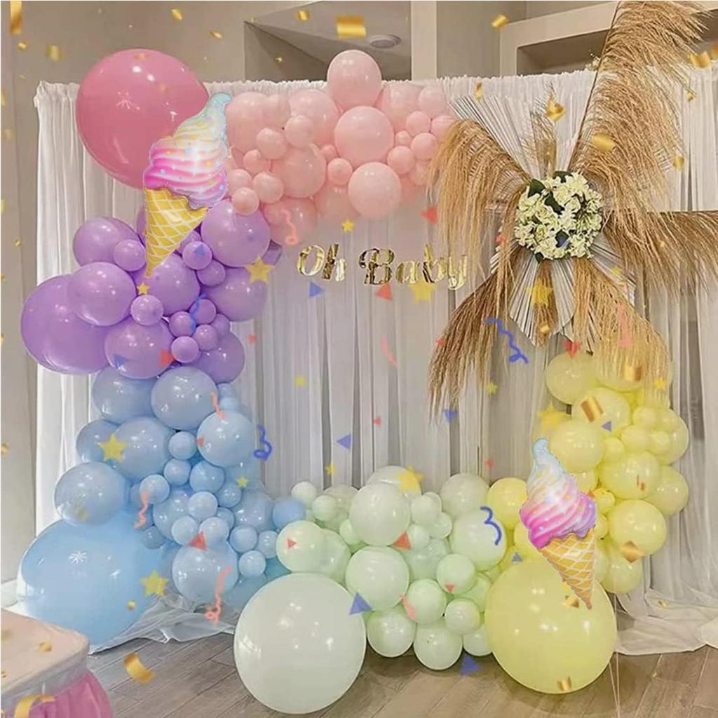 Pink colored balloon arch wreath set, cute ice cream themed macaron balloon set for birthday party shower party decoration