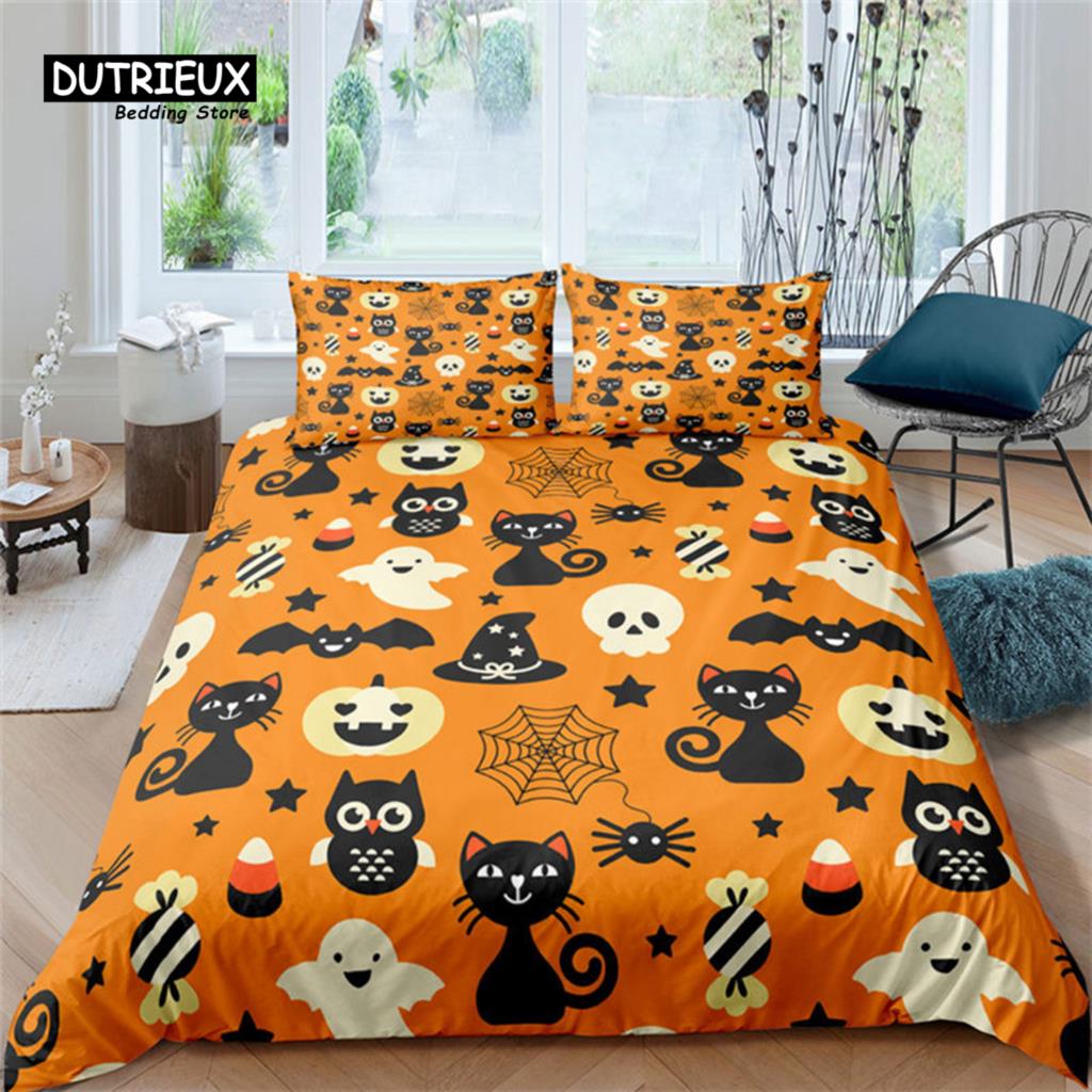 Halloween Bettwäsche Set Cartoon Kürbis Bettbezug Set Mikrofaser Hirsch Geometrischer Druck Bettdeckenbezug mit Kissenbezug Raumdeko