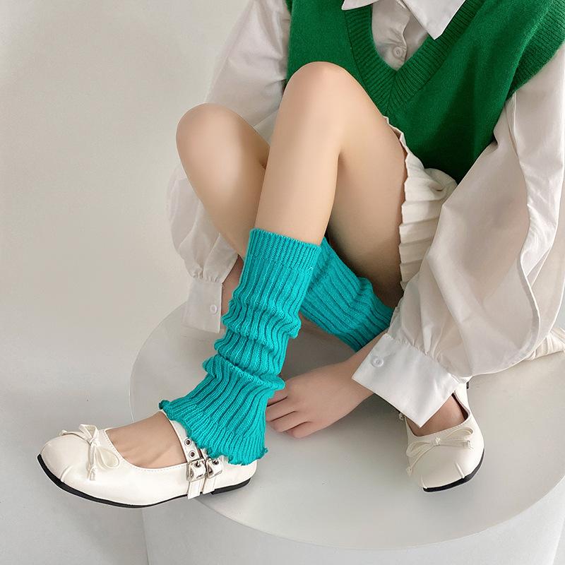 Socks College Style Spring And Autumn Medium Tube Stacking Socks Solid Color Lace Lolita Wool Leg Cover
