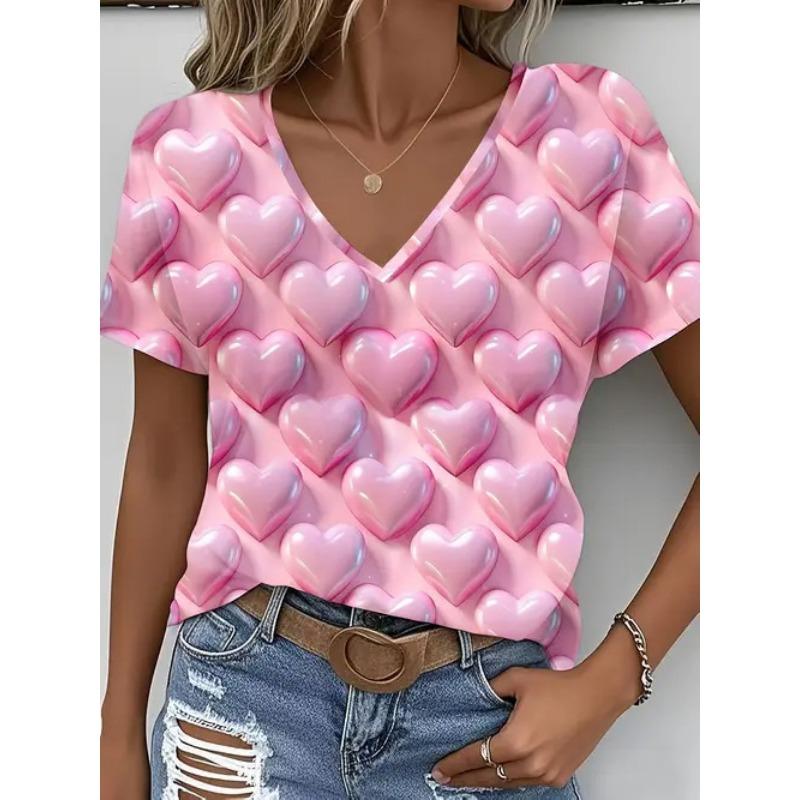 Sommer V-Ausschnitt 3D Liebesmuster Bedrucktes Top Modische Lässige Kurzarm Damen T-Shirts
