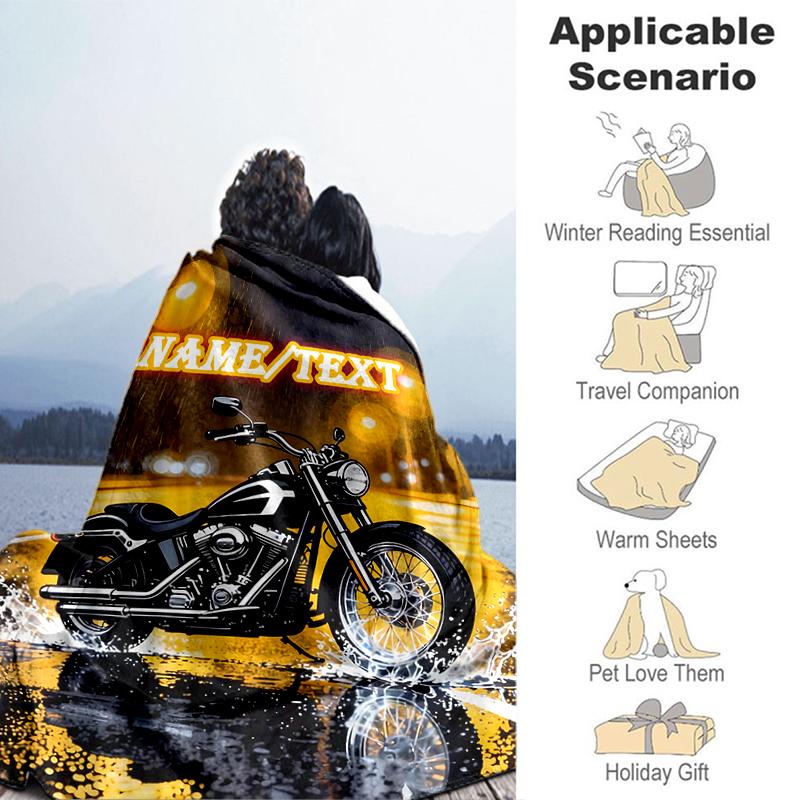 1PC Custom Name Motorcycle Rain Night City Outdooor Flannel Blankets Throw Blanket All-Season Throw Gift Bedspread for Couch, Bed, Camping Holiday Bir