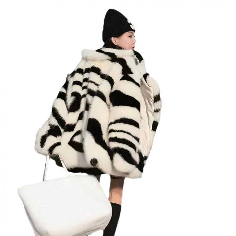 Zebra Print Faux Fur Coat With Oversized Lapel Womens Streetwear Chic Winter Outerwear