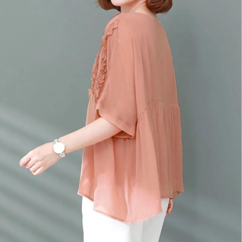 Damen Chiffon-Shirt mit halblangen Ärmeln Sommer Neuer Stil Eisseide Rundhals Pilzkante Lockeres Oberteil