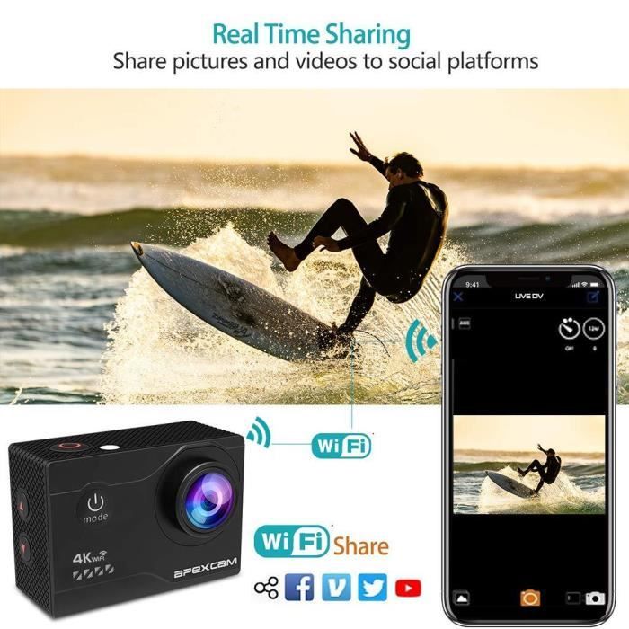 Apexcam 4K 20MP WIFI Caméra Sport Sous-marine 40M Étanche Caméra De Sport Ultra HD 170 ° Grand Angle 2.4G