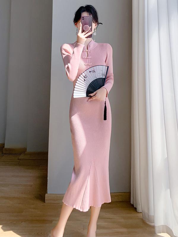 Autumn/Winter Retro Chinese Cheongsam Fishtail Knit Dress for Women
