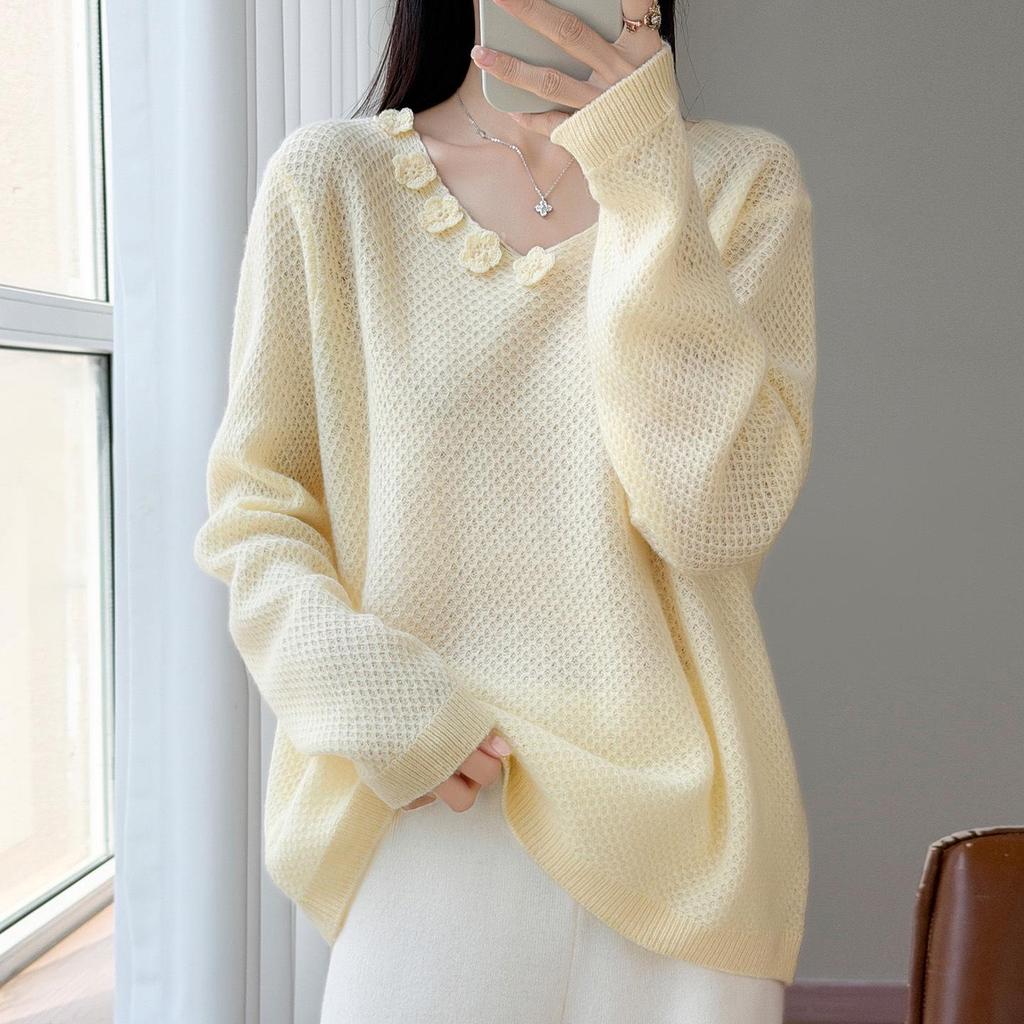 Women's 3D Honeycomb Stitch V-Neck Wool Sweater, Long Sleeve Loose Crochet Knitwear