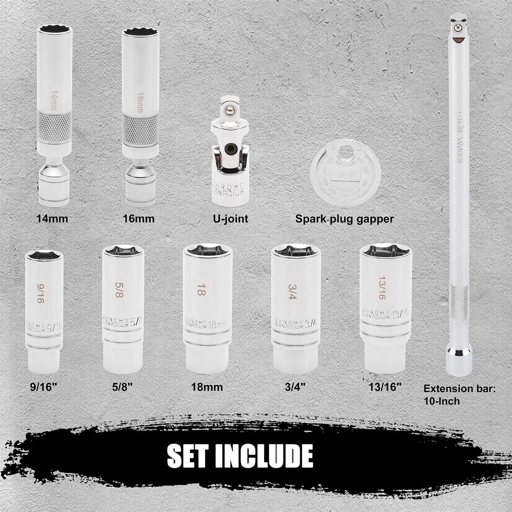 10Pc Magnetic Swivel Spark Socket Set 3/8 Inch Chrome Vanadium Extension Bar For Deep Well Nut Removal Auto Repair Tools