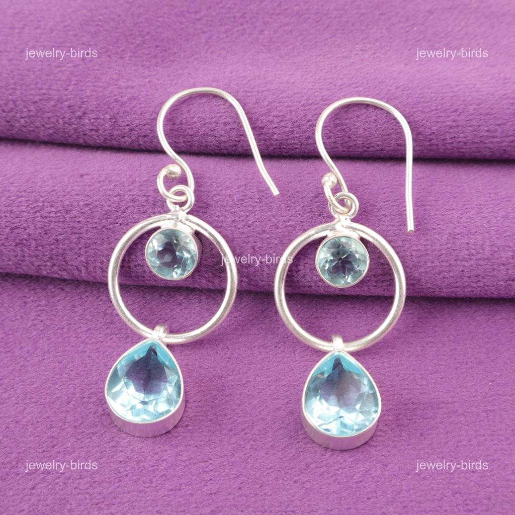 Sky Blue Topaz Stone Sterling Silver Mothers Day Wedding Dangle Hook Earrings EE-140-14