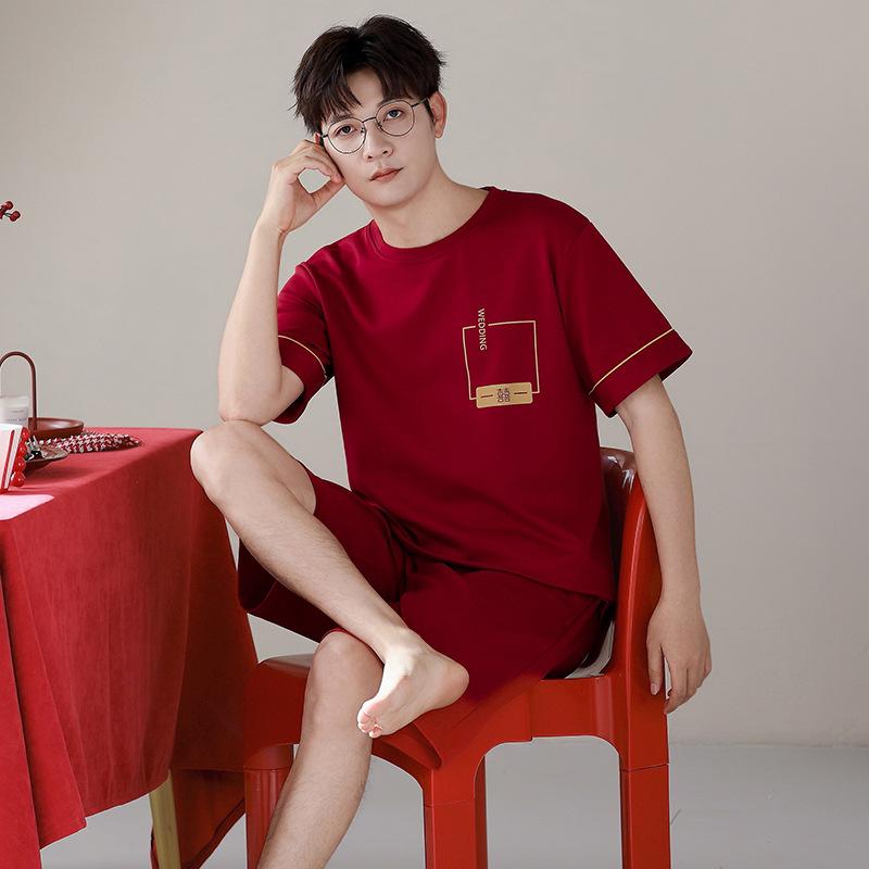 Red Pajamas Couple Summer Wedding Suit Pure Cotton Short-sleeved Men's and Women's Natal Year Cute Thin Wedding Loungewear