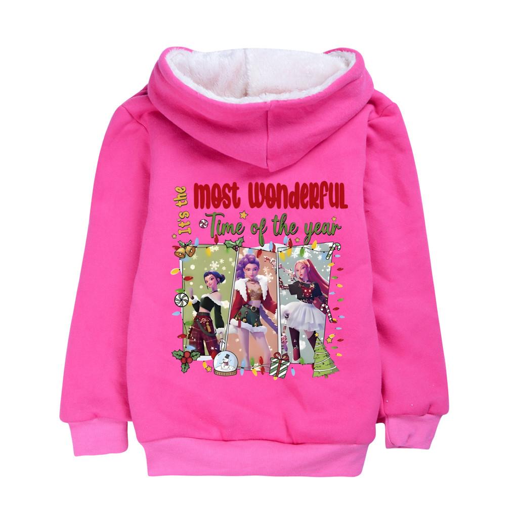 5096 Casual Winter Thick Kids Girls Kpop Zoey Mira Rumi Print Long Sleeves Velvet Warm Coat Jacket