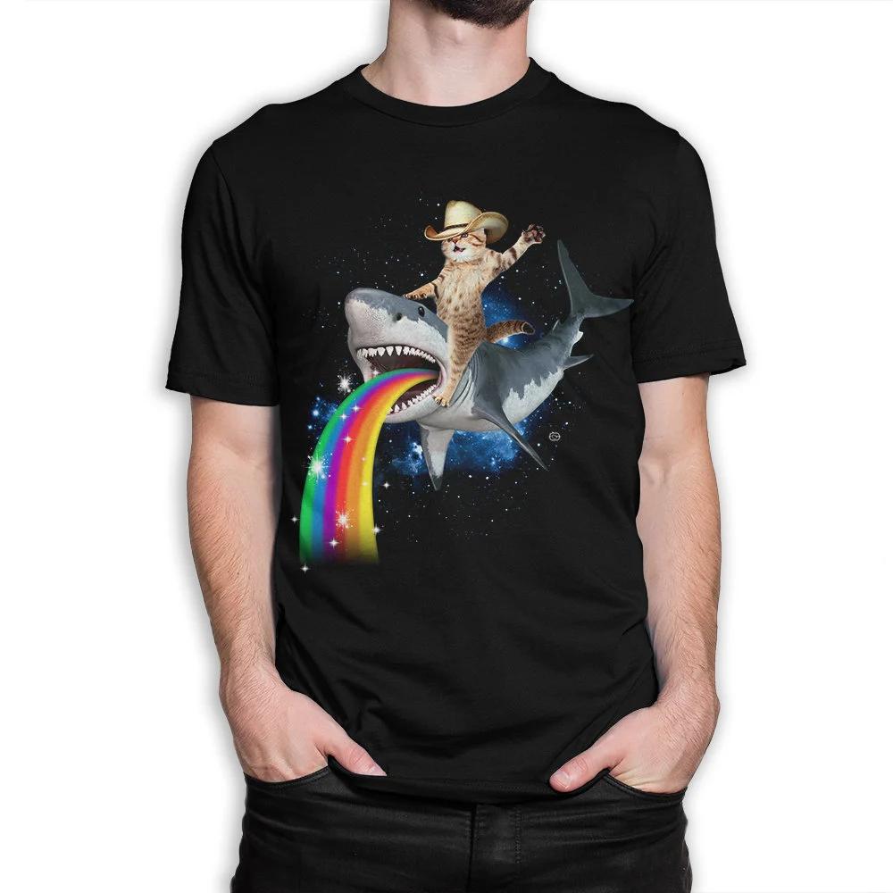 Nejprodávanější Vtipné tričko s kovbojským kočkou jedoucí na žralokovi, Pánské Retro Streetwear Vysoce kvalitní Pánské tričko s kulatým výstřihem a krátkým rukávem