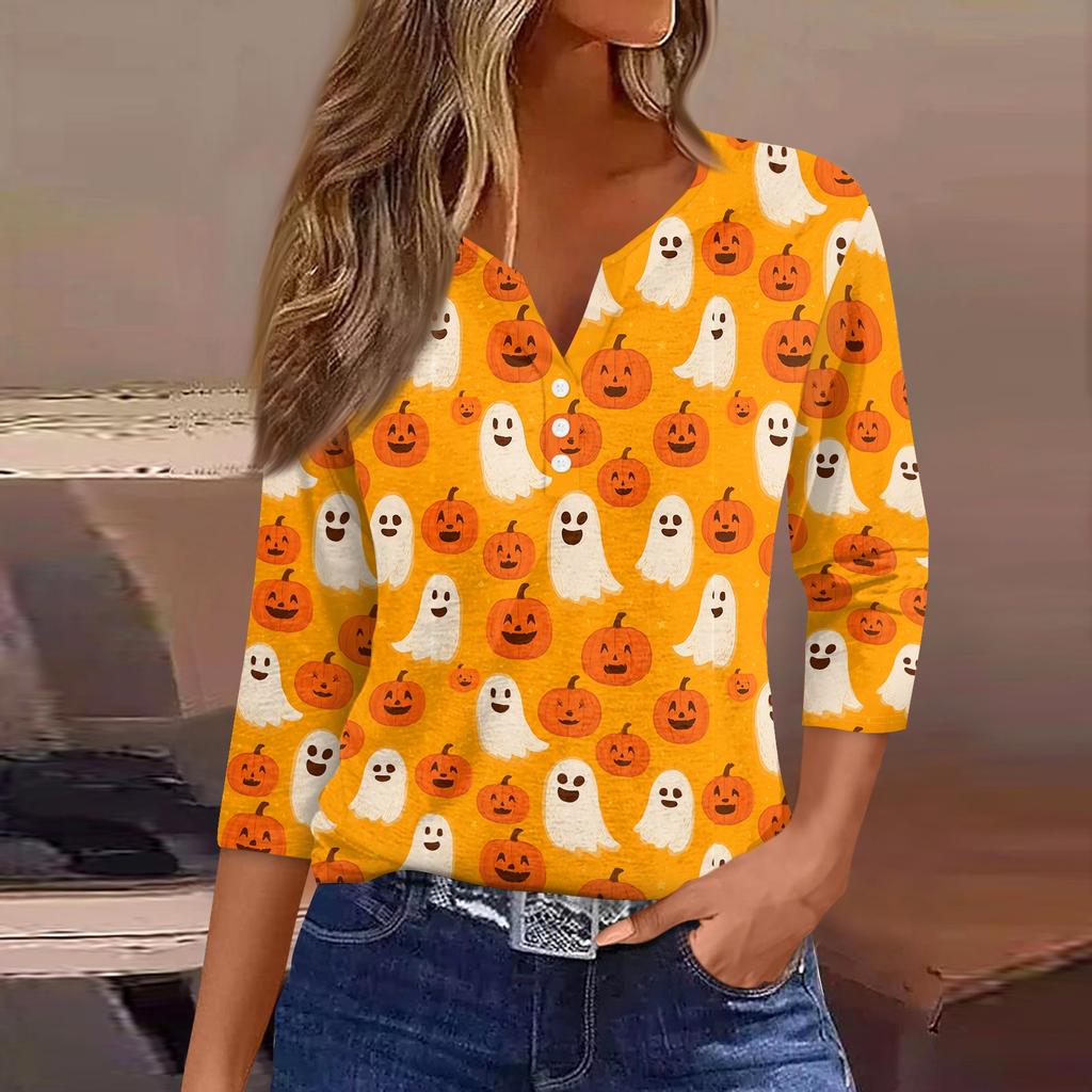 Lady's fashionable casual V-neck buttoned Halloween print three-quarter sleeve