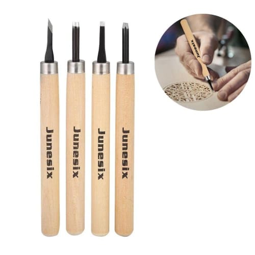 Wood Carving Tool Set, 4-Piece Set with Chisels, Extra Fine, Round, and Extra Fine, for Beginners, Manual Sharpener, Rubber Stamp, Knife Carving Tool