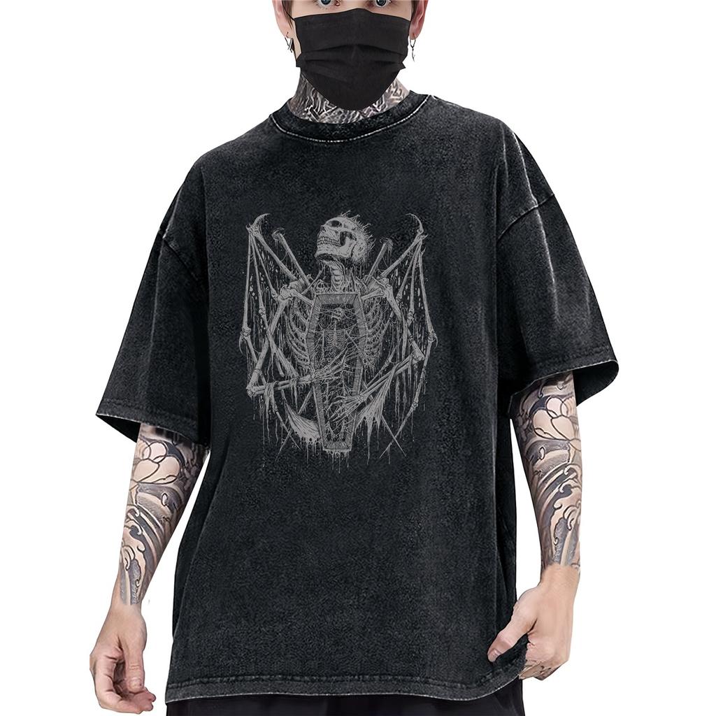 Letter Print Vintage Distressed Comfy Cotton T-shirt, Men's Casual Street Style Stretch Round Neck Tee Shirt for Summer