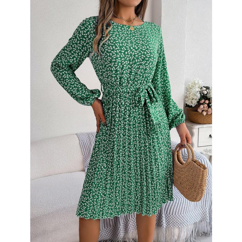 Damen Frühling Sommer Freizeit Langarm Blumen Plissee Kleid