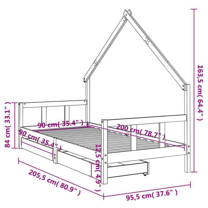 VidaXL Cadre de Lit pour Enfants avec Tiroirs, Lit Simple avec Sommier à Lattes, Meuble de Chambre à Coucher, Scandinave, 834554