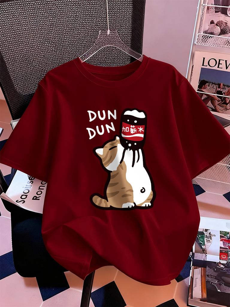 Drink Cartoon Dun Dun Cat Prints TShirts Womens Cotton Summer Short Sleeve T Shirt Loose Soft ONeck Tops Casual Womans Clothes