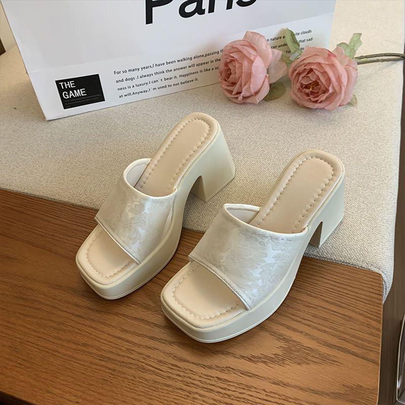 

Босоножки большого размера для женских широких и полных ног, летняя женская обувь 2025, новые босоножки на толстом каблуке в национальном стиле, женские шлепанцы на высоком каблуке для полных ног 40 бежевый