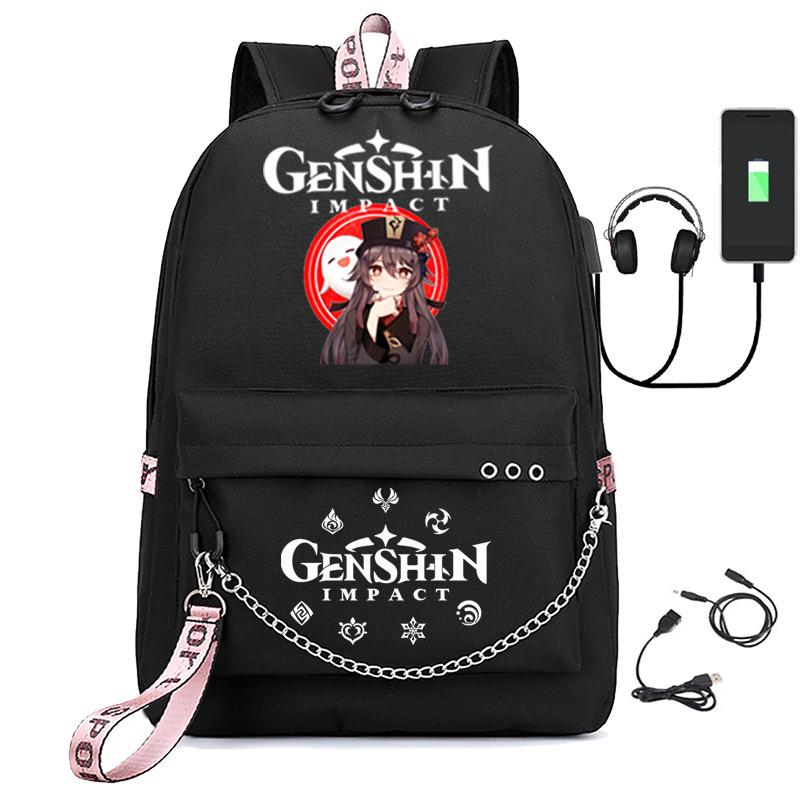 Harajuku Jugendliche Schultaschen Unisex Genshin Impact Reisetaschen USB-aufladbar Oxford Wasserdicht Notizbuch Schulterrucksäcke
