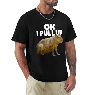 Ok I Pull Up Capybara Graphic Print T-shirt Men's Fashion Casual Loose T-shirts Pure Cotton Gothic T Shirt Vintage Streetwear