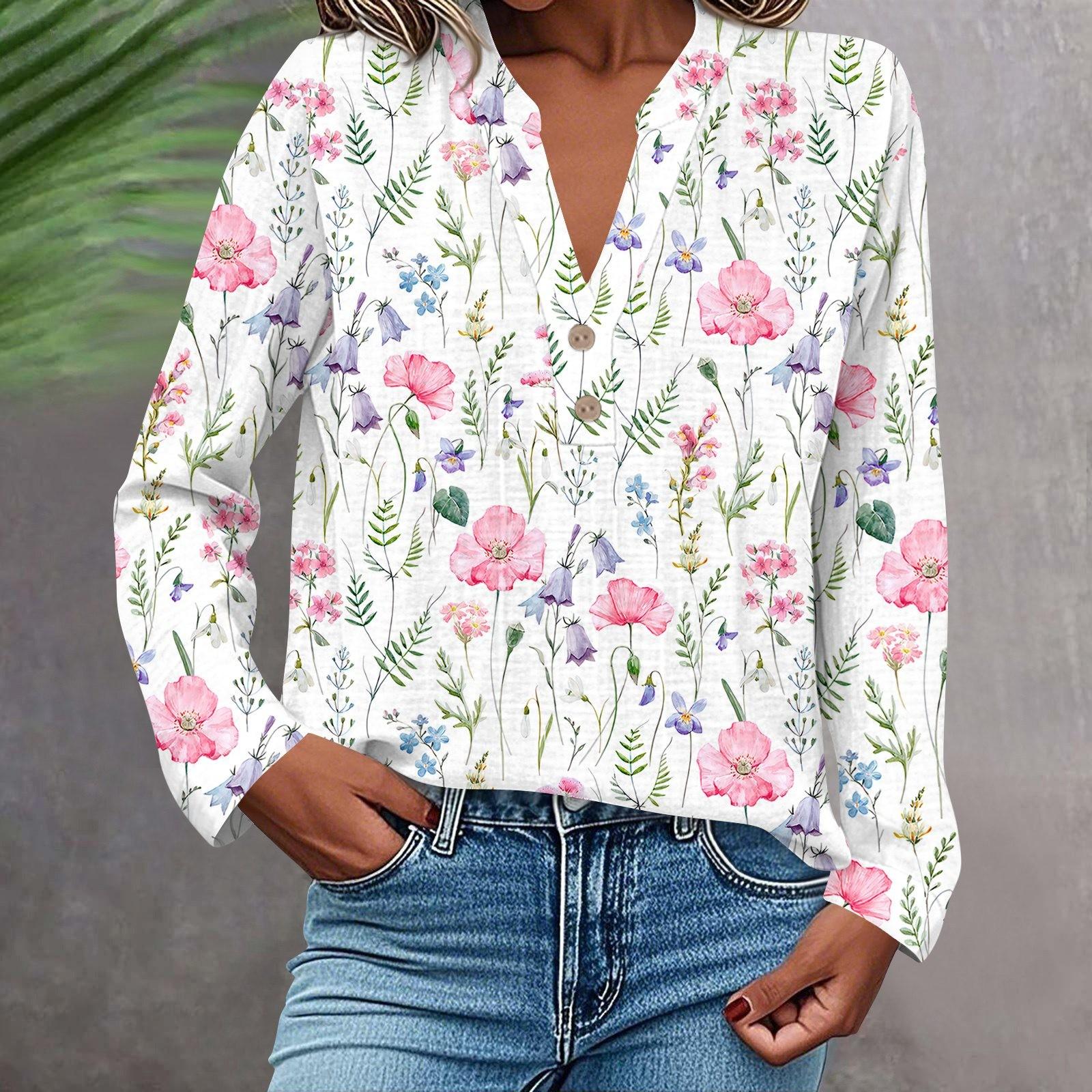 

Женская модная и повседневная рубашка с длинным рукавом, V-образным вырезом, на пуговицах, с принтом, блузка, топ M
