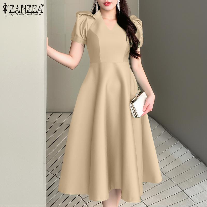 ZANZEA Women Casual V-Neck Short Sleeve Summer A-Line Dress