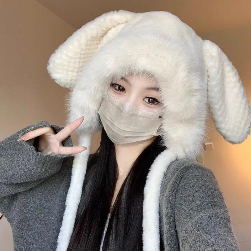 Winter Furry Cute Rabbit Ears Children Warm Ear Protector Head Cap Cold Cap Thickened Pullover Cap