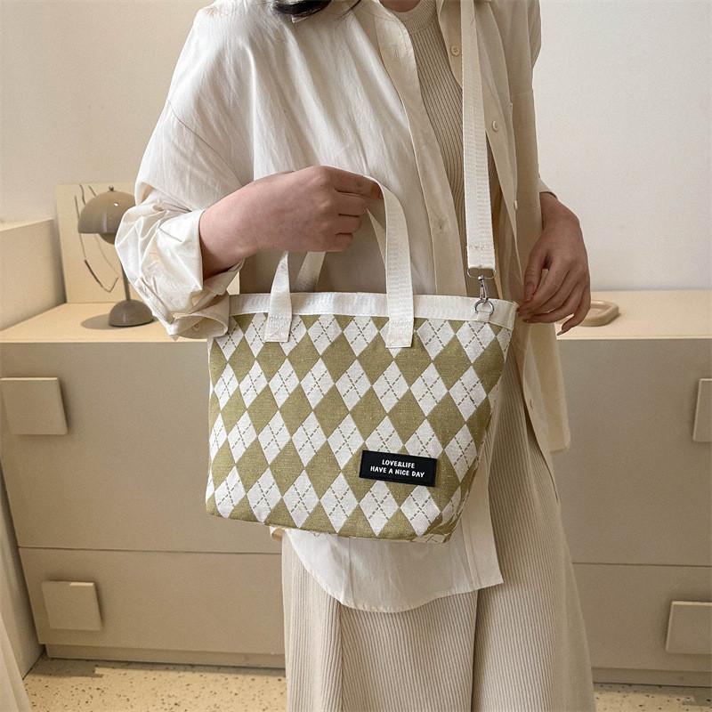 Stylish Large Capacity Plaid Canvas Handbag 2023 Trendy Urban Simple Shoulder Bag For Women